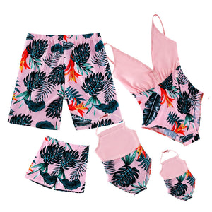 Family Matching Pink Tropical Plants Swimsuits