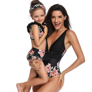 Floral Print Deep V One-Piece Mommy and Me Swimsuit