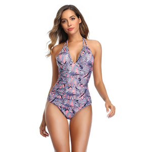 Halter Print Deep V One-Piece Swimsuit