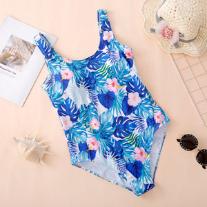 Family Matching Blue Plants Printed Swimsuits