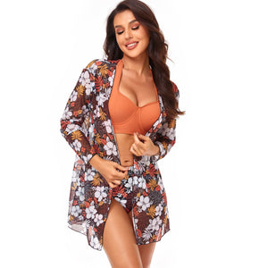 Floral Print Push Up Vest Three Piece Bikini Set Swimsuit